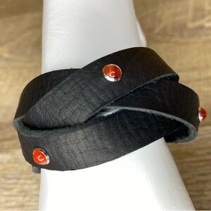 Leather cuff bracelet black with red stone rivets oil tanned hand crafted